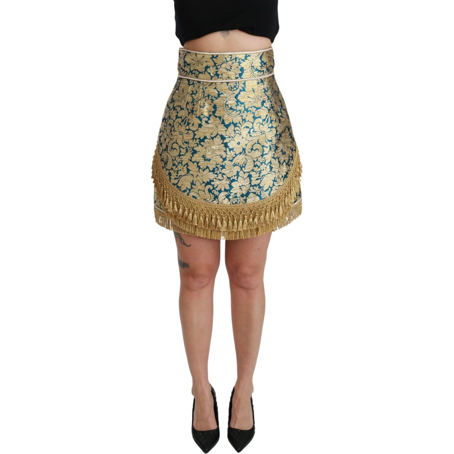 Dolce & Gabbana Blue High Waist Jacquard Tassel Gold Skirt