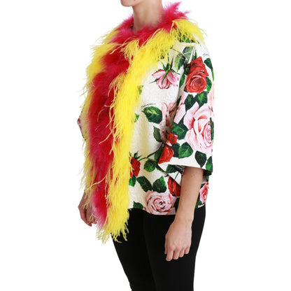 Dolce & Gabbana White Floral Coat Capte Fur Roses Jacket Coats & Jackets