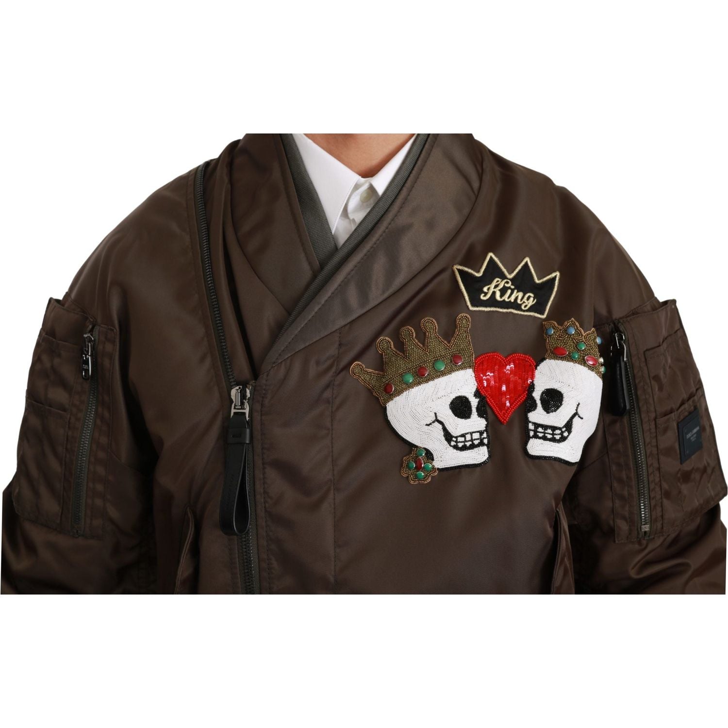 Dolce & Gabbana Brown Beaded Crown Skull Logo Jacket