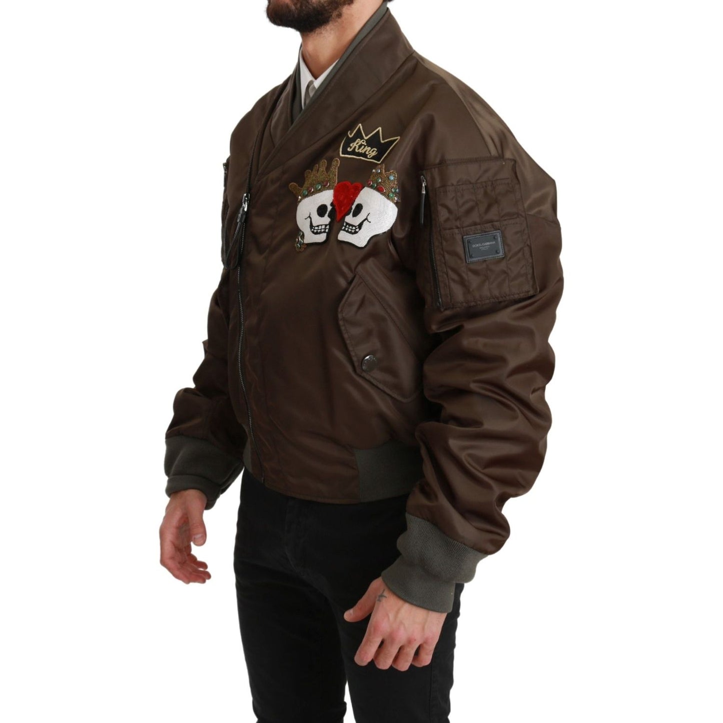Dolce & Gabbana Brown Beaded Crown Skull Logo Jacket Coats & Jackets