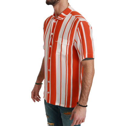 Dolce & Gabbana Orange Silk Striped Short Sleeve White Shirt