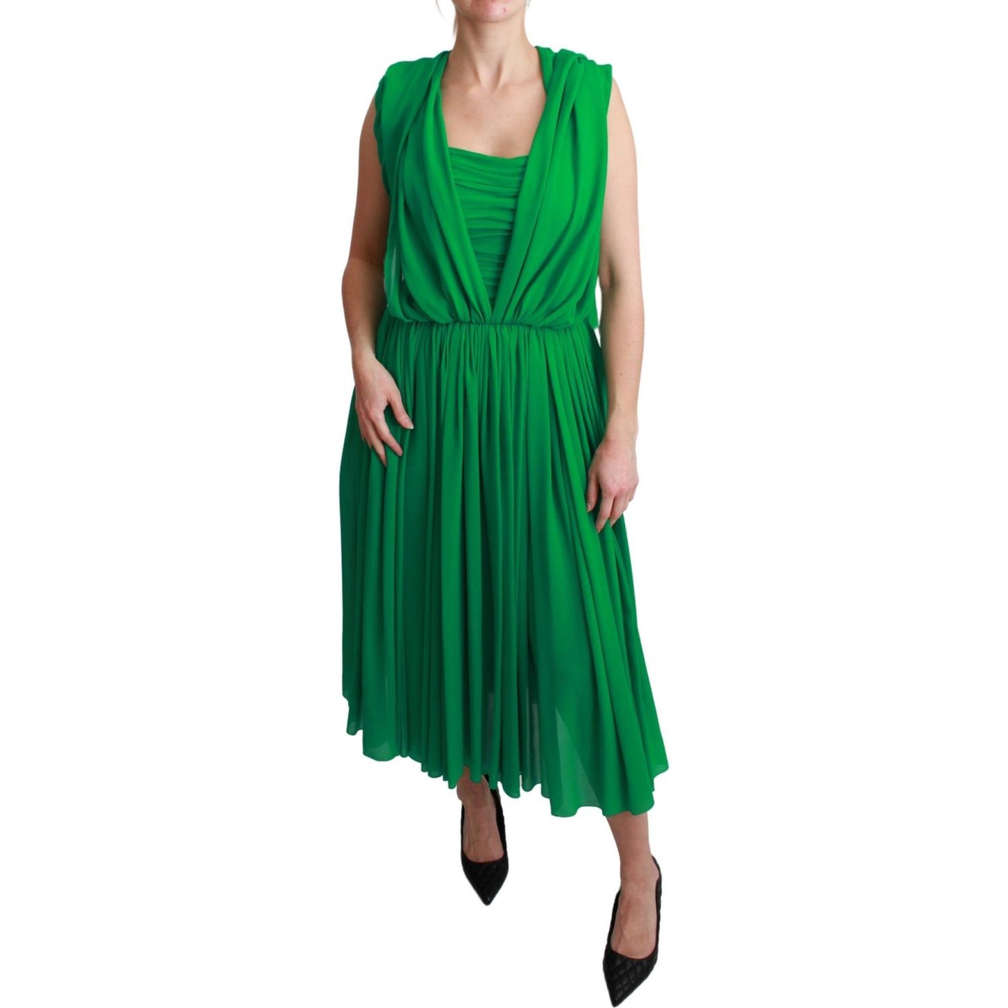 Dolce & Gabbana 100% Silk Green Sleeveless Pleated Maxi Dress Dress