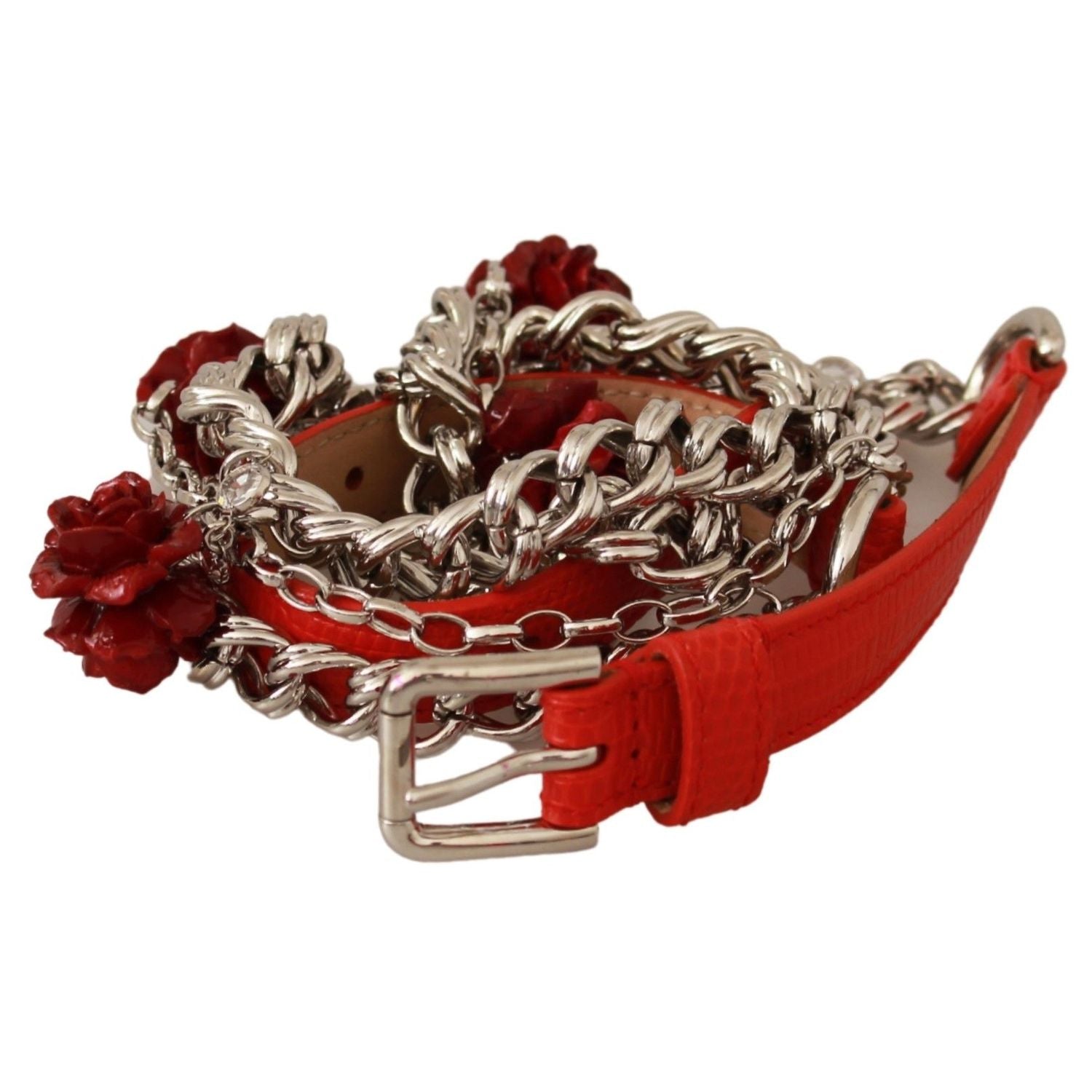 Dolce & Gabbana Red Leather Roses Floral Silver Waist Belt