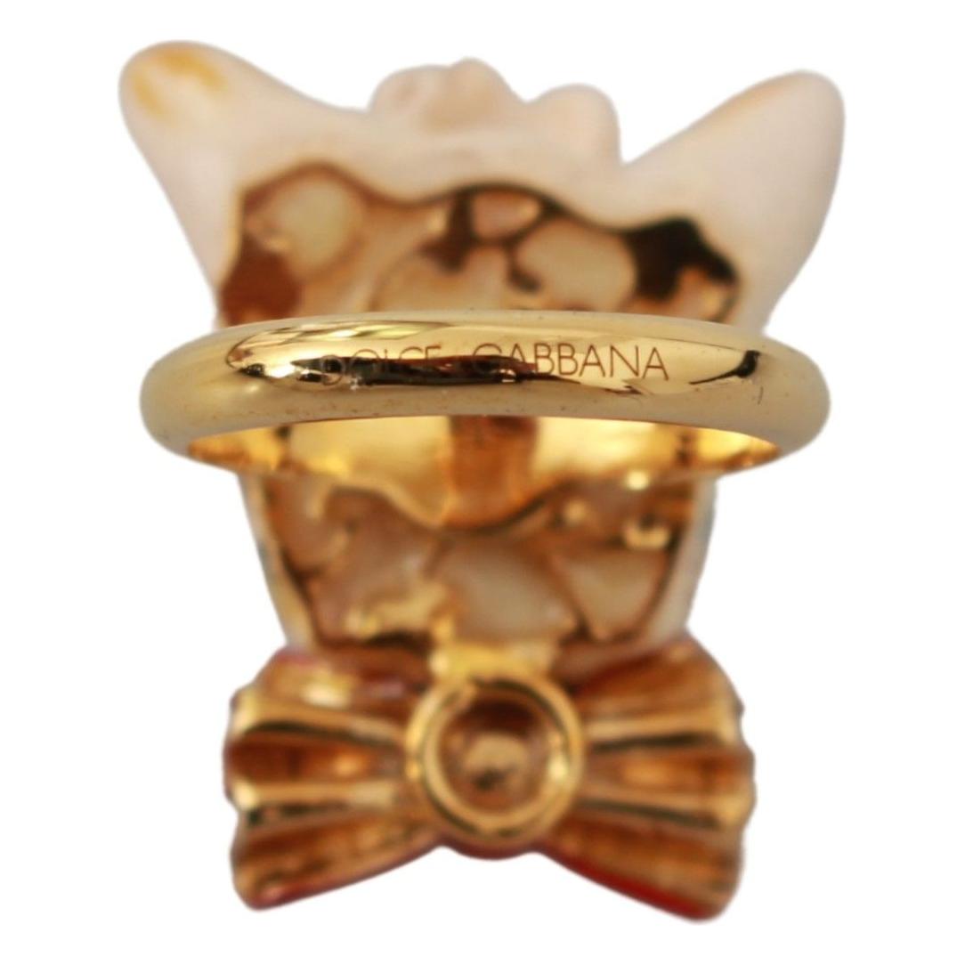 Dolce & Gabbana Gold Brass Resin Beige Dog Pet Branded Accessory Ring