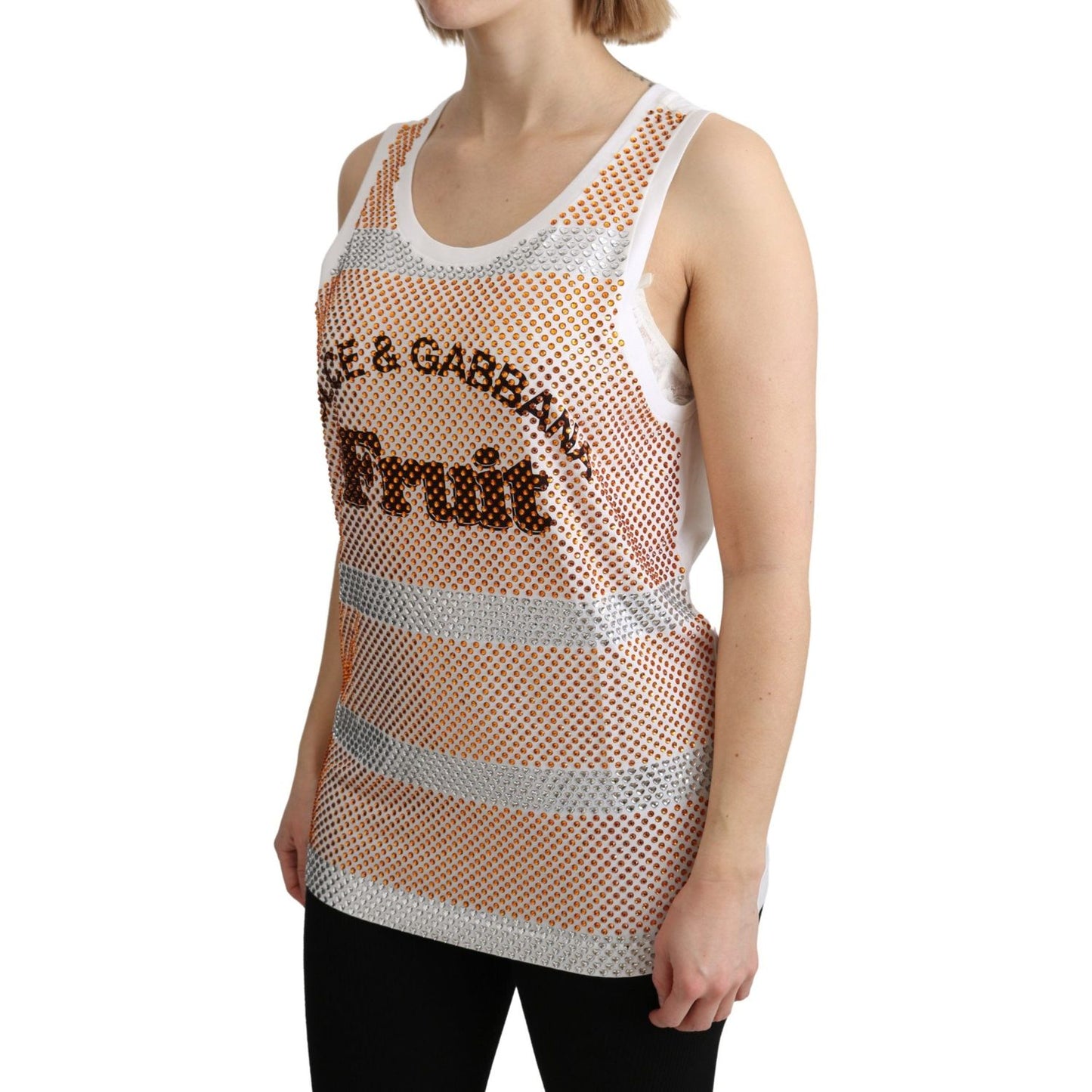 Dolce & Gabbana White Orange Crystal Sleeveless Tank Cotton Top