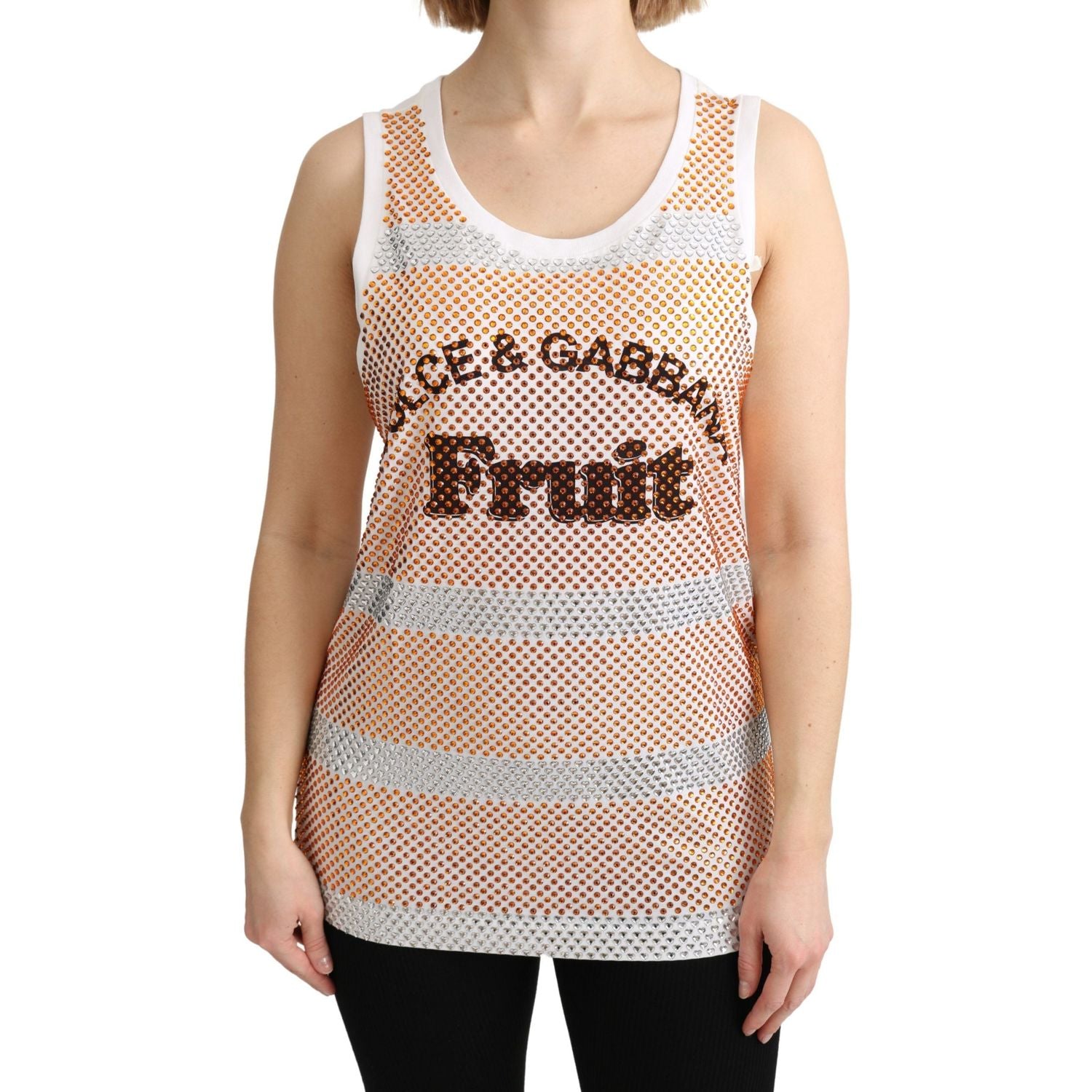 Dolce & Gabbana White Orange Crystal Sleeveless Tank Cotton Top