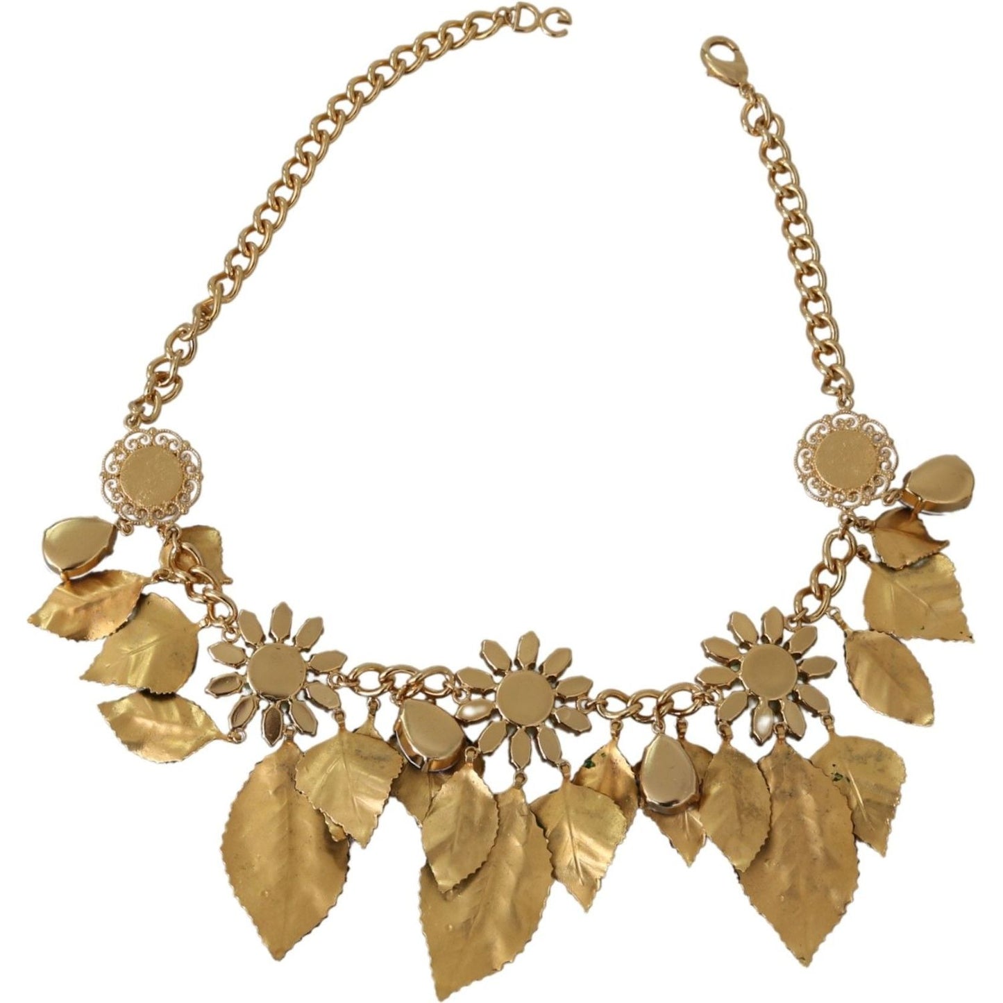 Dolce & Gabbana Green Leaves Gold Brass Crystal Flower Pendant Necklace Necklace