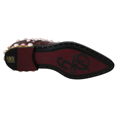 Dolce & Gabbana Bordeaux Leather Crystal Pearls Formal Shoes