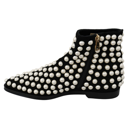 Dolce & Gabbana Black Suede Pearl Studs Boots Shoes