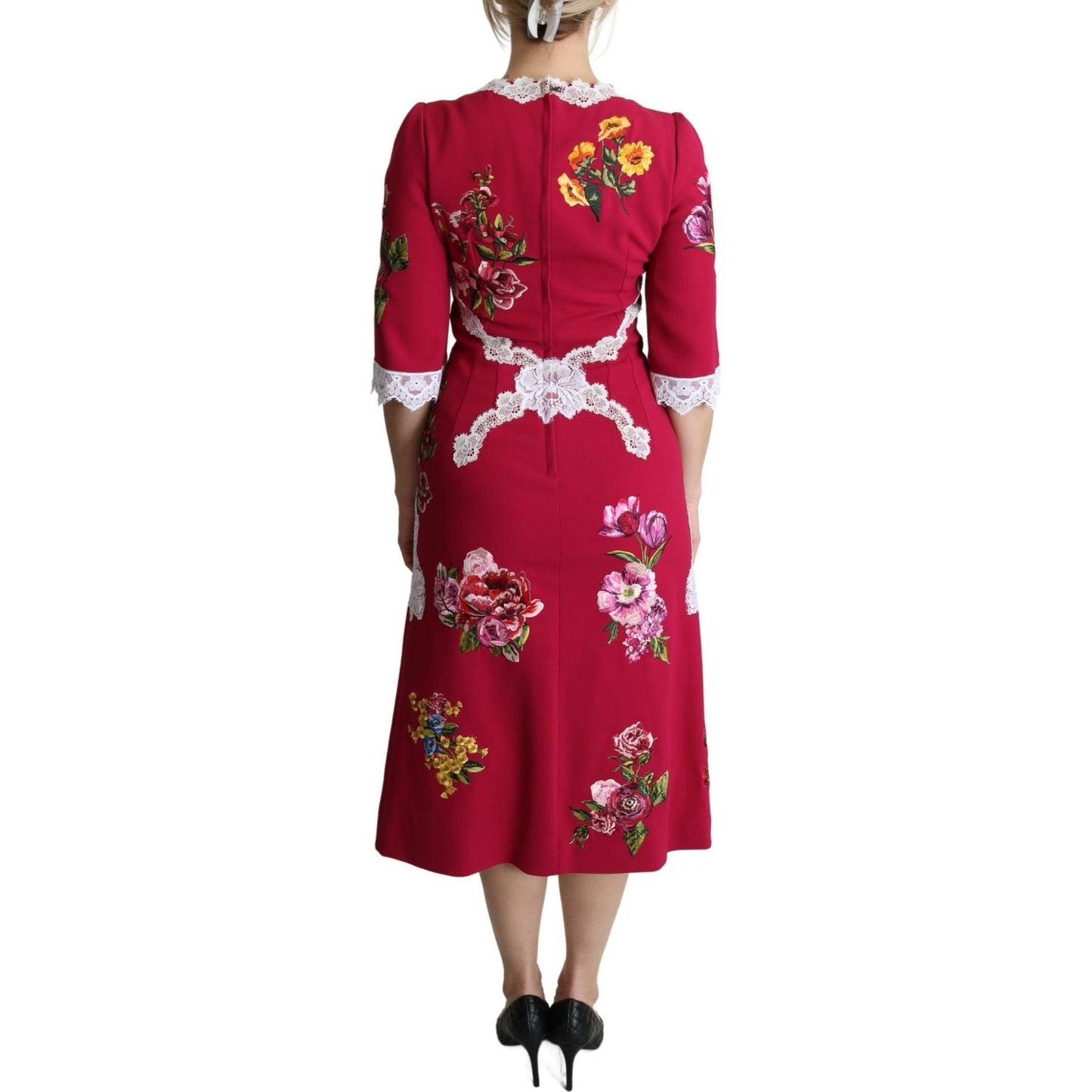 Dolce & Gabbana Red Floral Embroidered Sheath Midi Dress