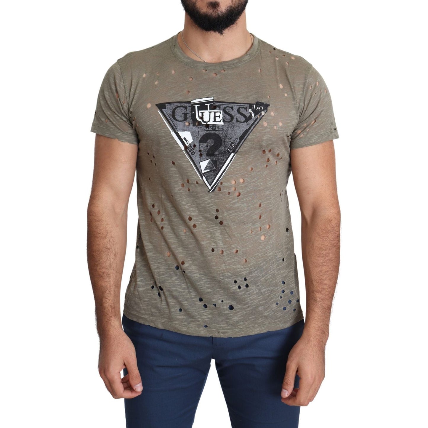 Guess Brown Cotton Stretch Logo Print Men Casual Perforated T-shirt