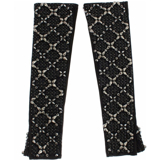 Dolce & Gabbana Black Leather Crystal Beaded Finger Free Gloves