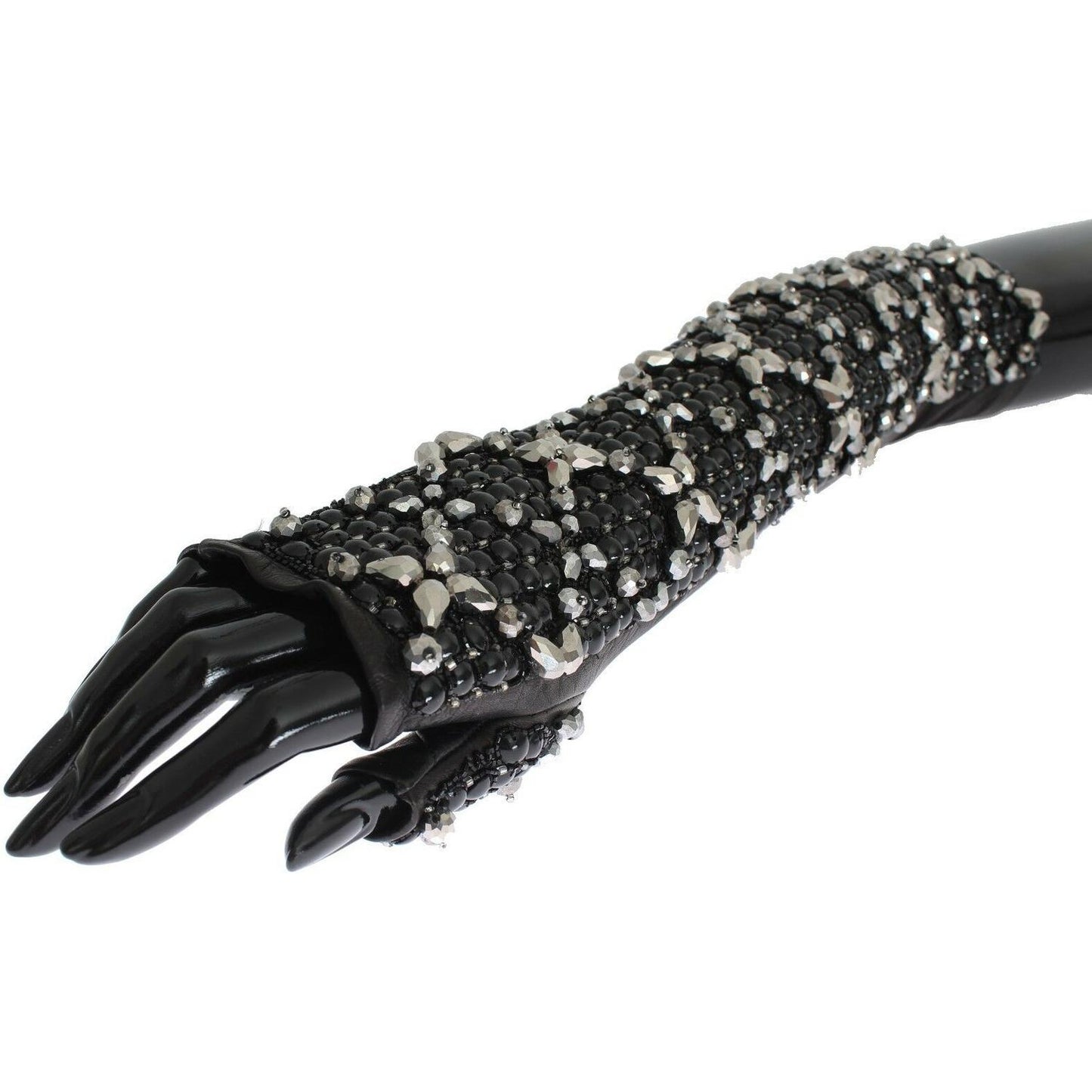 Dolce & Gabbana Black Leather Crystal Beaded Finger Free Gloves