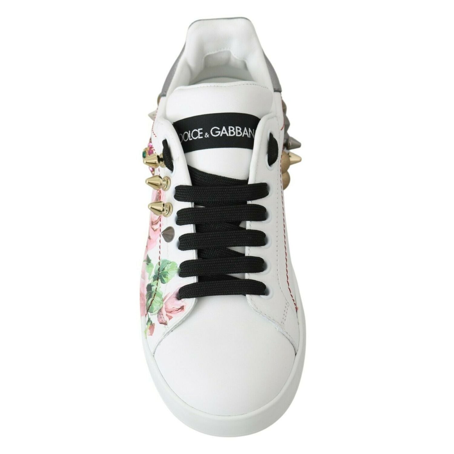 Dolce & Gabbana White Leather Crystal Roses Floral Sneakers Shoes