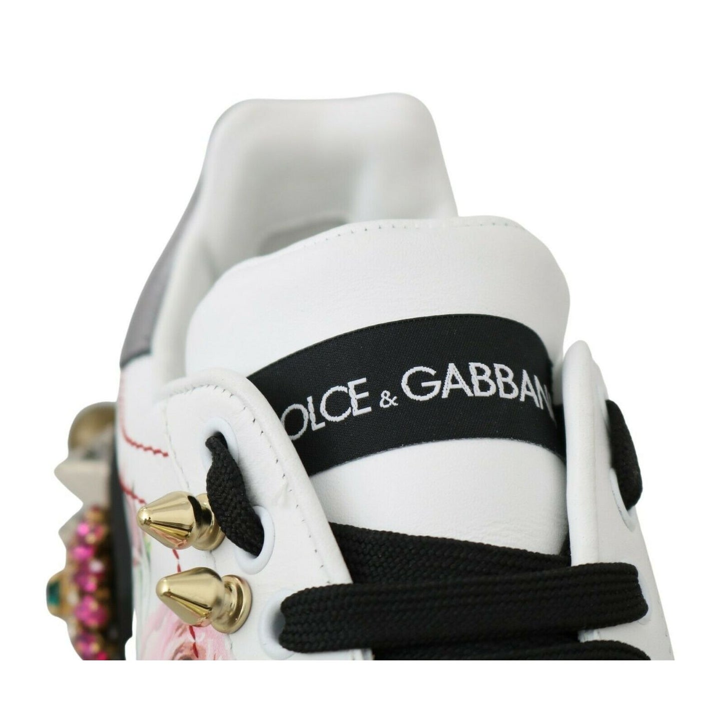 Dolce & Gabbana White Leather Crystal Roses Floral Sneakers Shoes