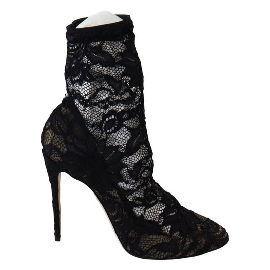 Dolce & Gabbana Black Lace Taormina High Heel Boots Shoes