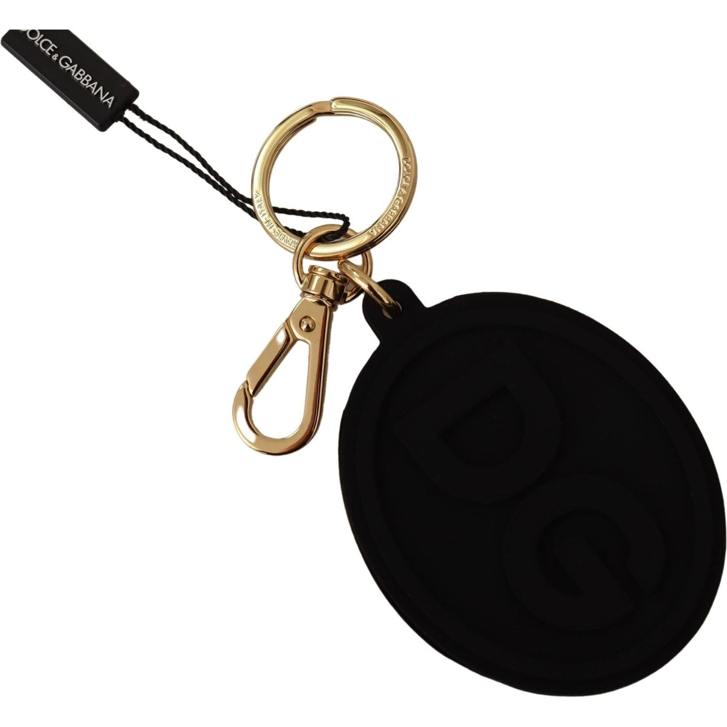 Dolce & Gabbana Black Rubber DG Logo Gold Brass Metal Keyring Keychain