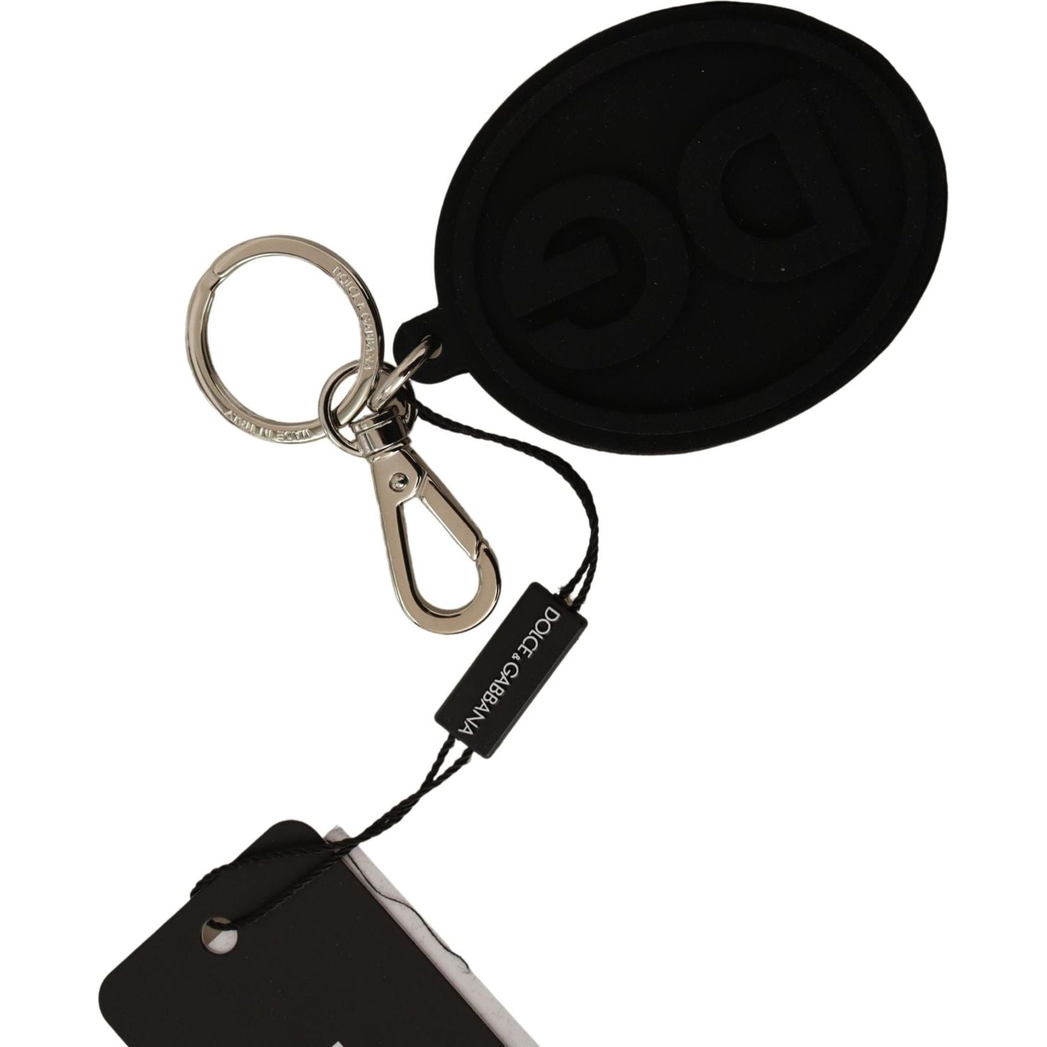 Dolce & Gabbana Black Rubber DG Logo Silver Brass Metal Keychain