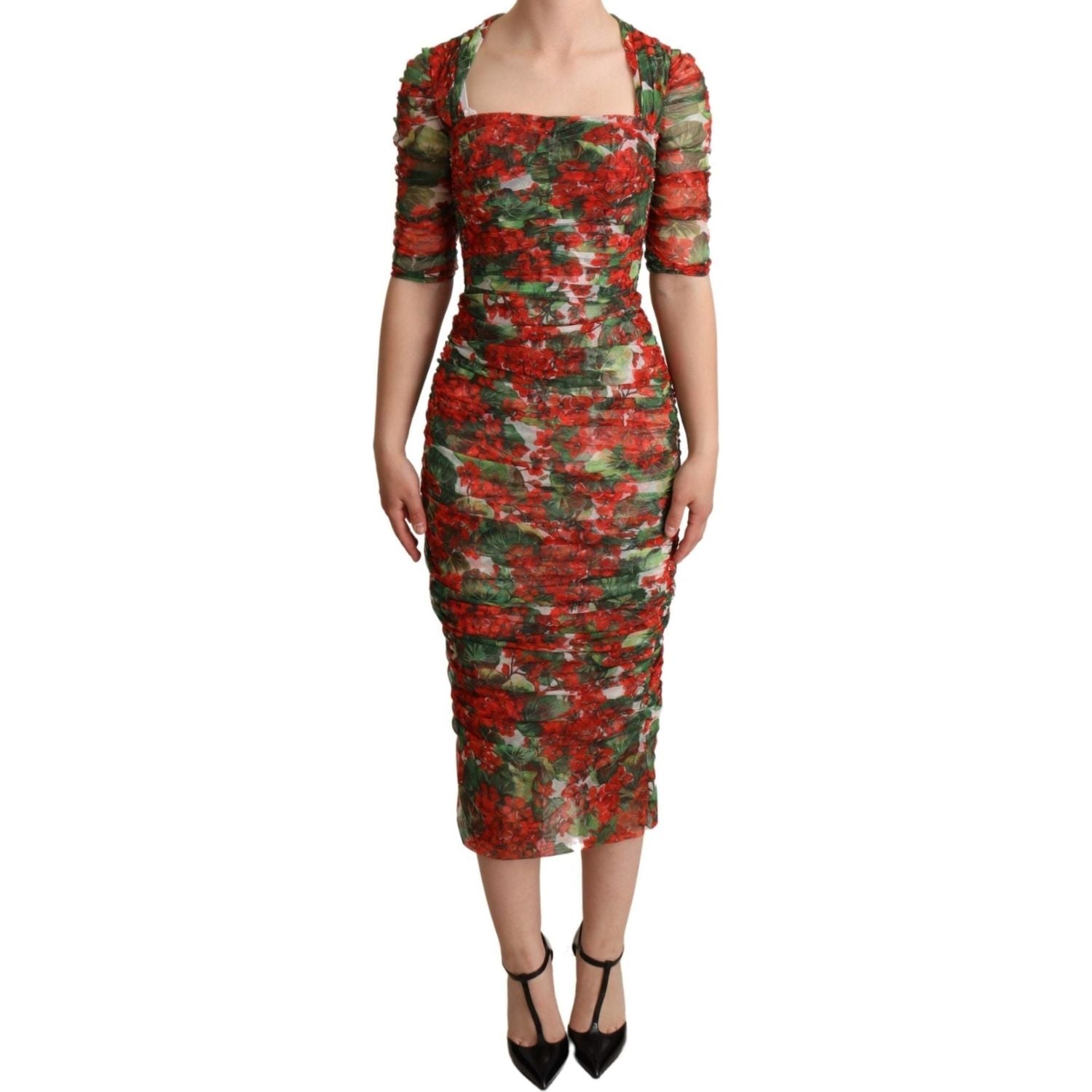 Dolce & Gabbana Red Floral Print Tulle Sheath Midi Dress