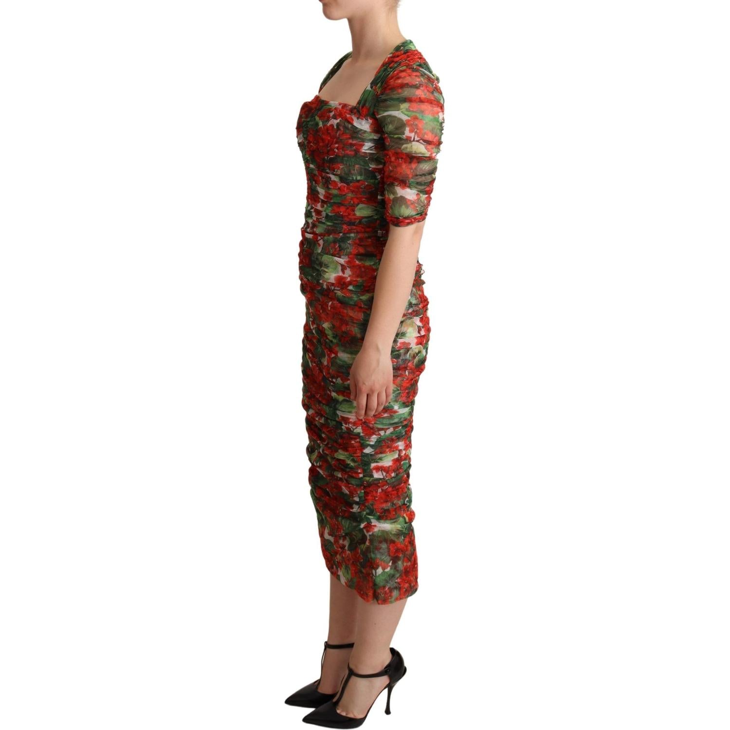 Dolce & Gabbana Red Floral Print Tulle Sheath Midi Dress