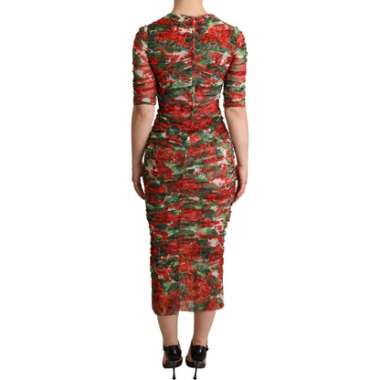 Dolce & Gabbana Red Floral Print Tulle Sheath Midi Dress WOMAN DRESSES