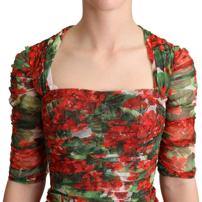 Dolce & Gabbana Red Floral Print Tulle Sheath Midi Dress WOMAN DRESSES