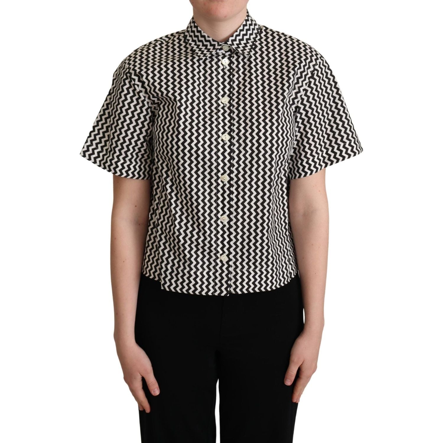 Dolce & Gabbana Black White Zigzag Collar Cotton Top Shirt