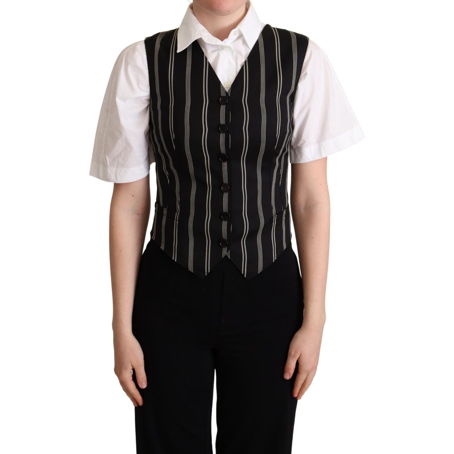 Dolce & Gabbana Black Striped Leopard Print Waistcoat Vest