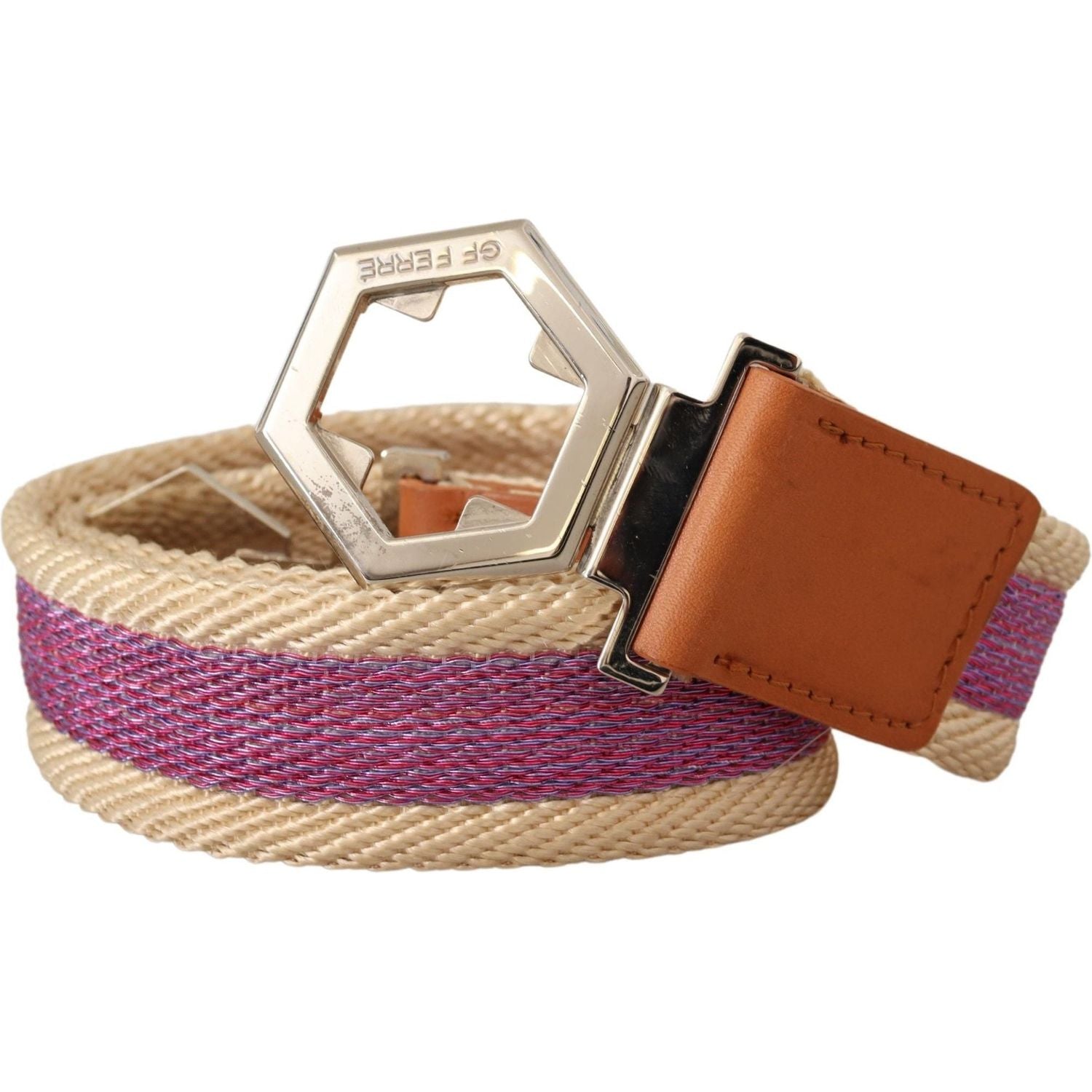 GF Ferre Multicolor Leather Silver Hexagon Logo Buckle Belt