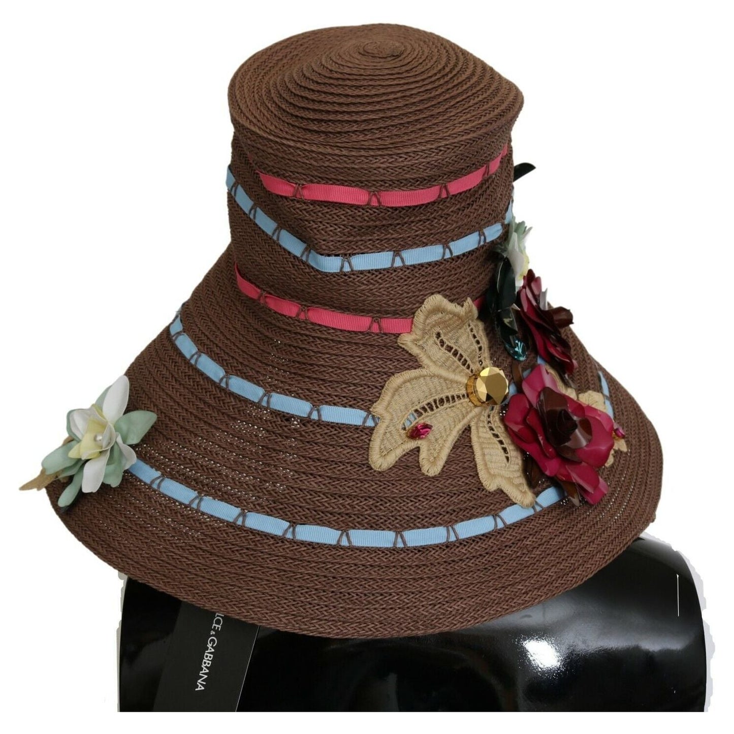 Dolce & Gabbana Brown Knitted Straw Floral Hat WOMAN HATS