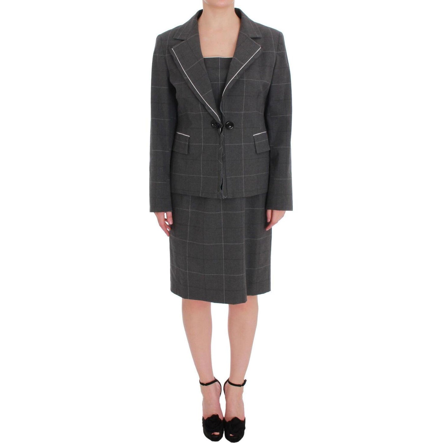 BENCIVENGA Gray Checkered Cotton Blazer Dress Set Suit Skirt Suit