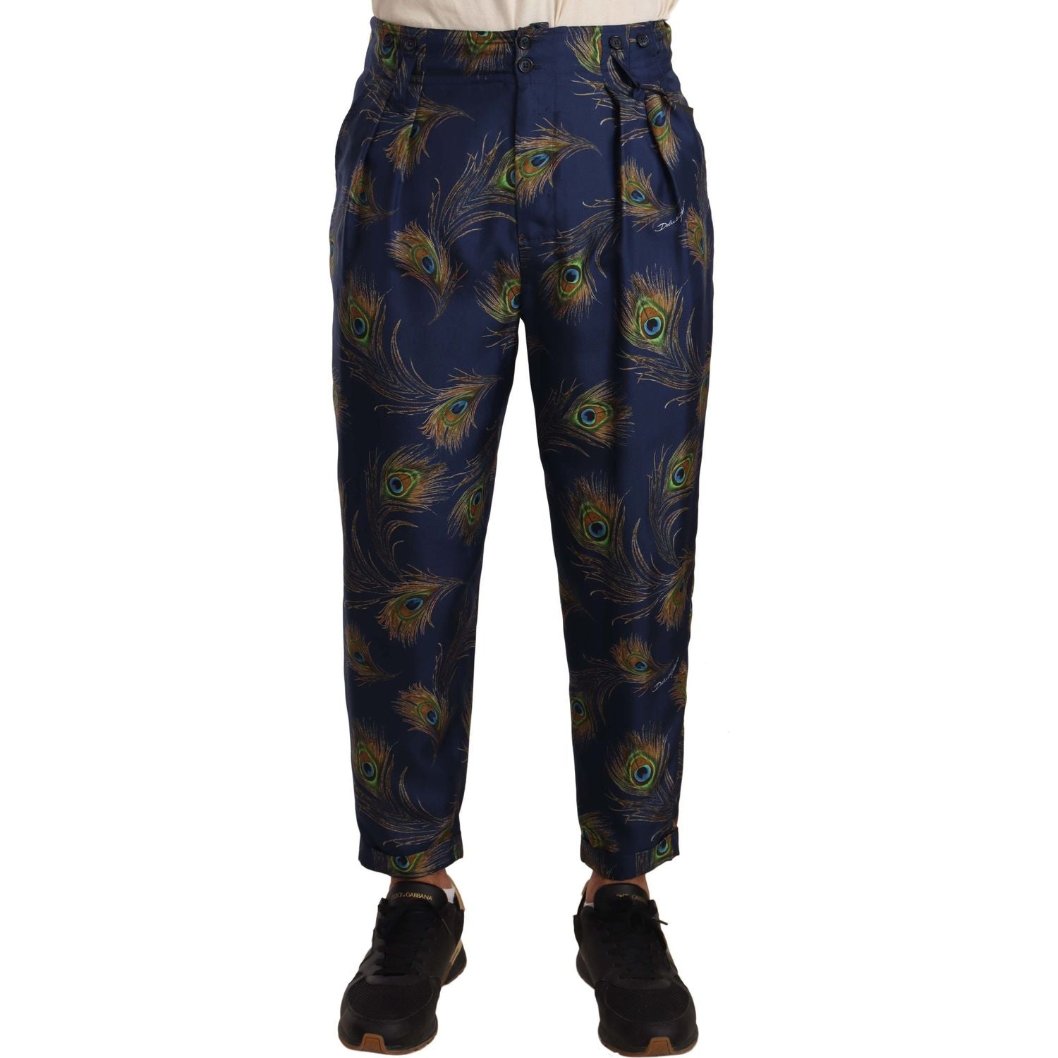 Dolce & Gabbana Blue Peacock Print Tapered Trousers Silk Pants