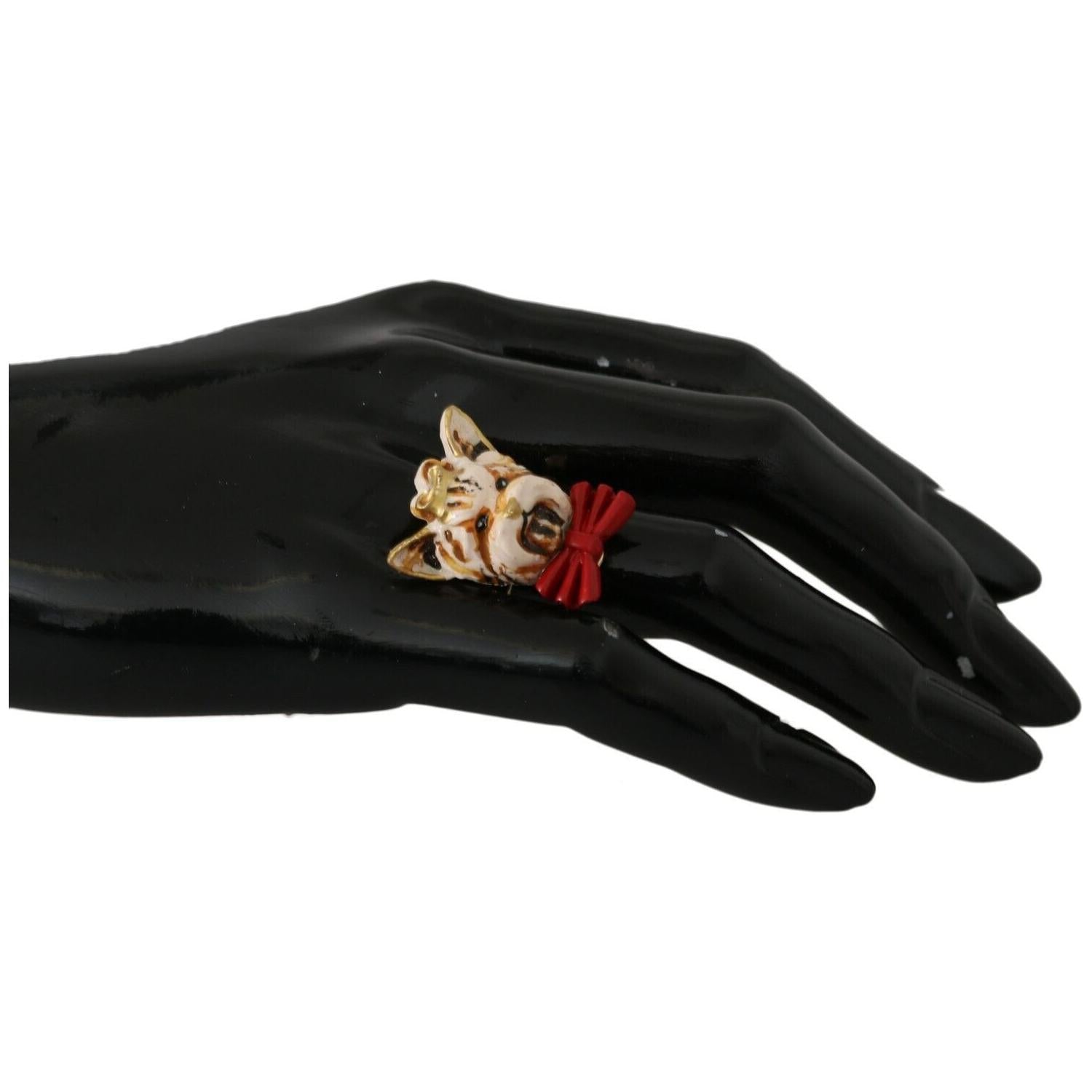 Dolce & Gabbana Beige Dog Pet Branded Accessory Gold Brass Resin Ring