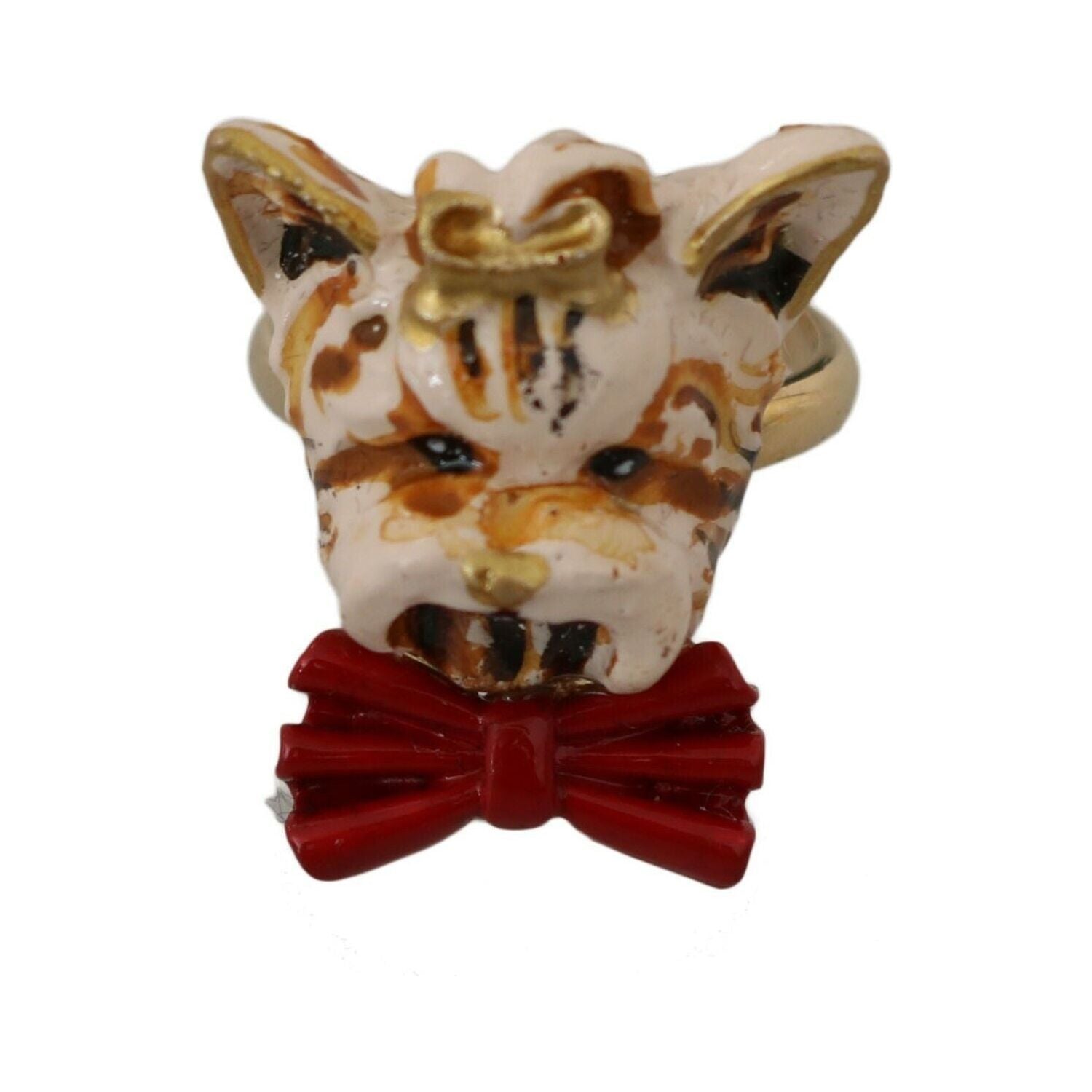 Dolce & Gabbana Beige Dog Pet Branded Accessory Gold Brass Resin Ring