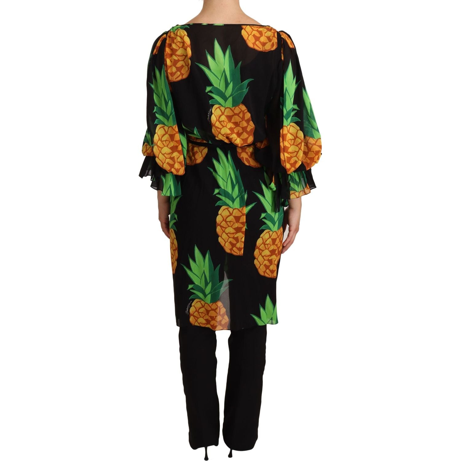 Dolce & Gabbana Black Ananas Print Wrap Stretch Silk Dress