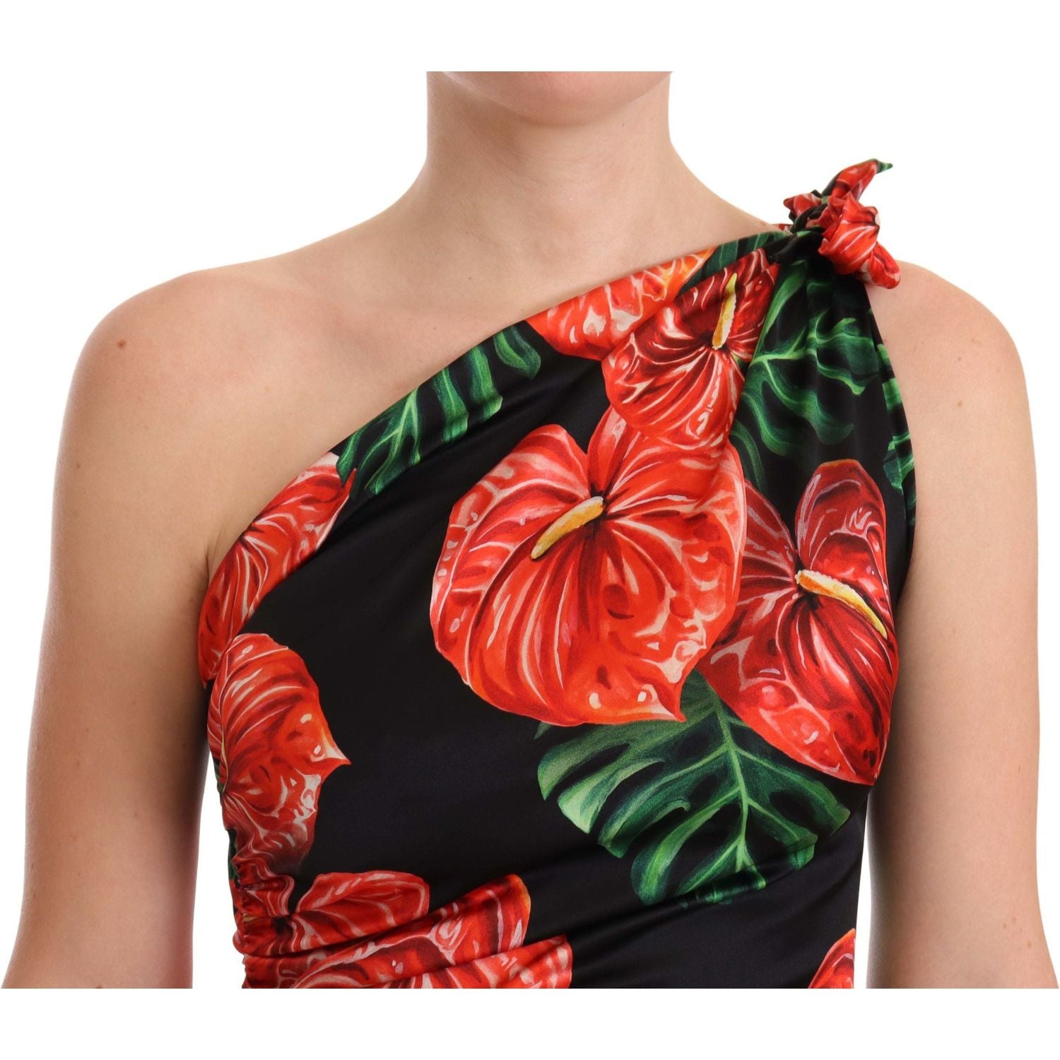 Dolce & Gabbana Black Shiny Silk Floral Print Draped Dress