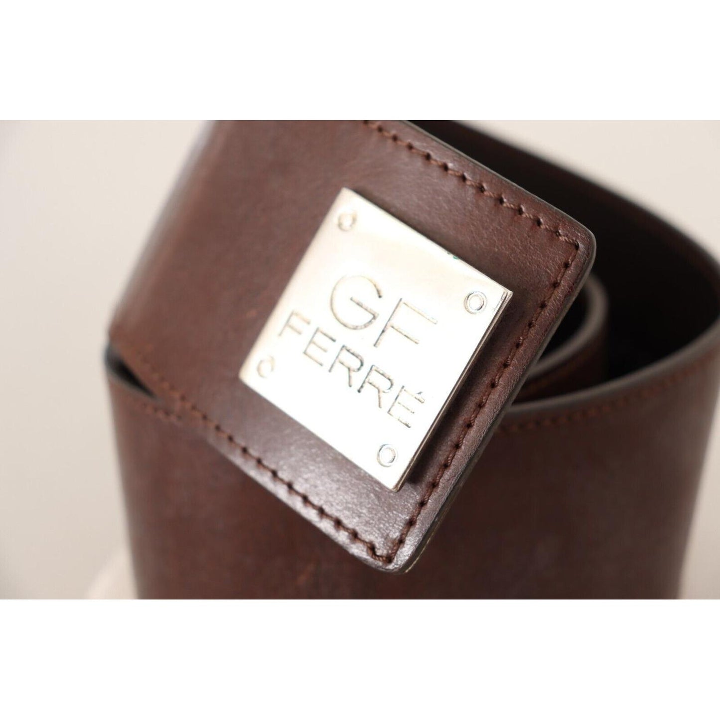 GF Ferre Brown Genuine Leather Wide Logo Buckle Waist Belt WOMAN BELTS