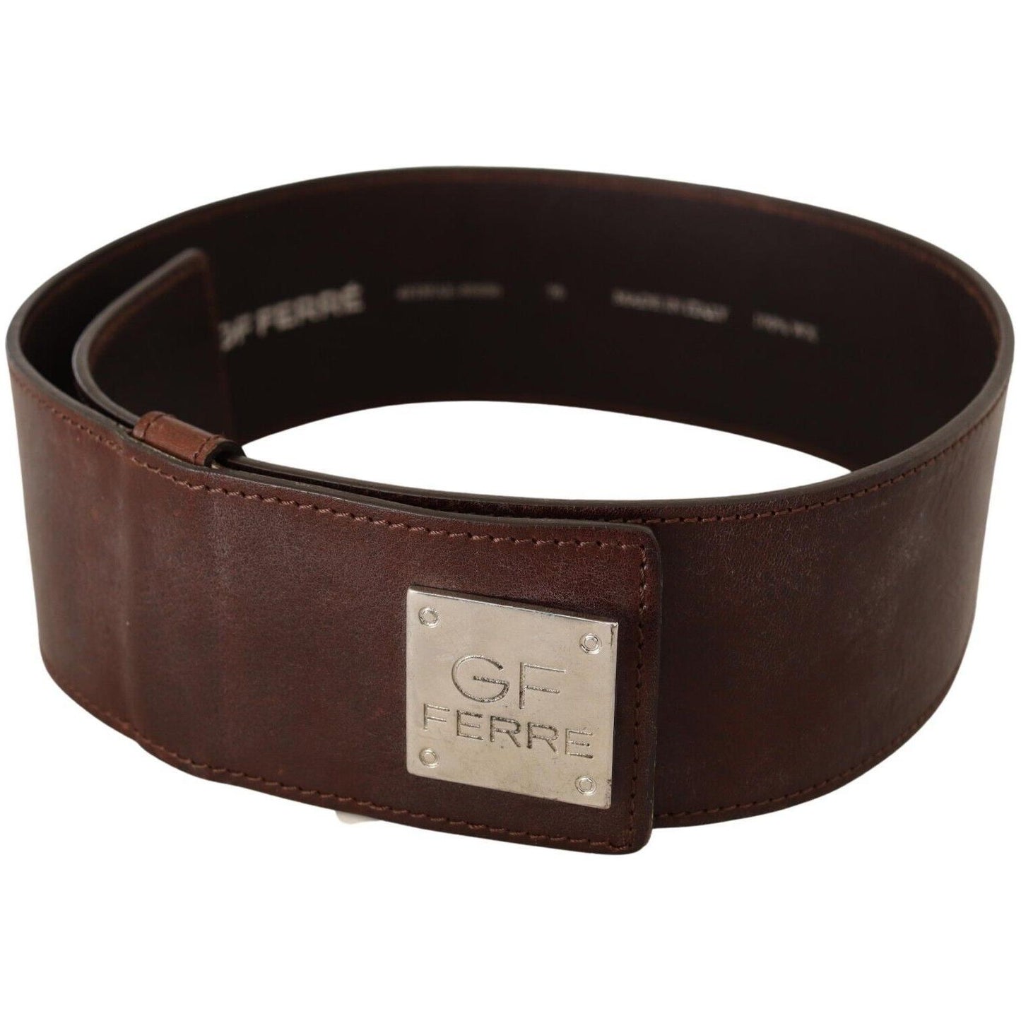 GF Ferre Brown Genuine Leather Wide Logo Buckle Waist Belt WOMAN BELTS