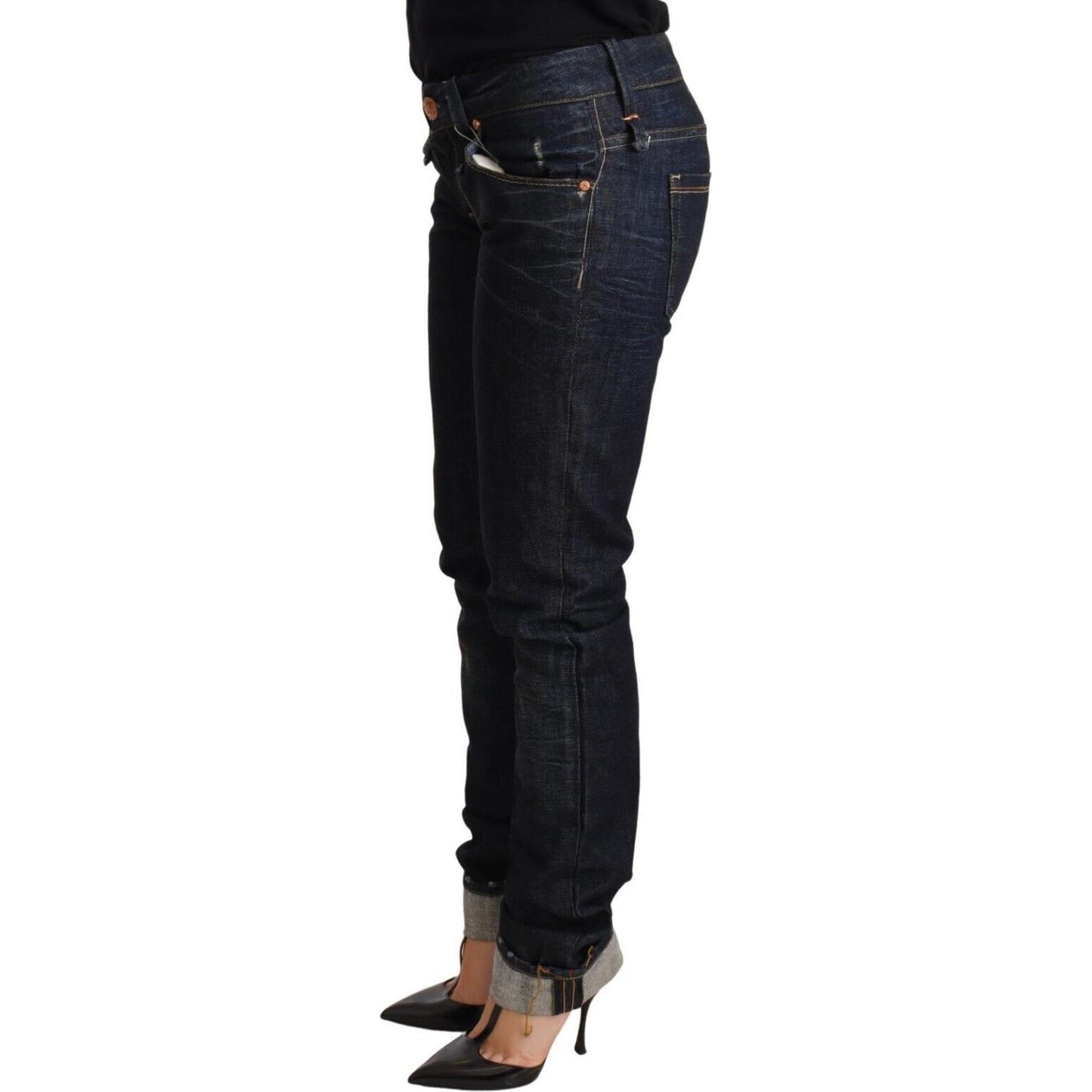Acht Dark Blue Cotton Slim Fit Folded Hem Women Denim Trouser Jeans Jeans & Pants
