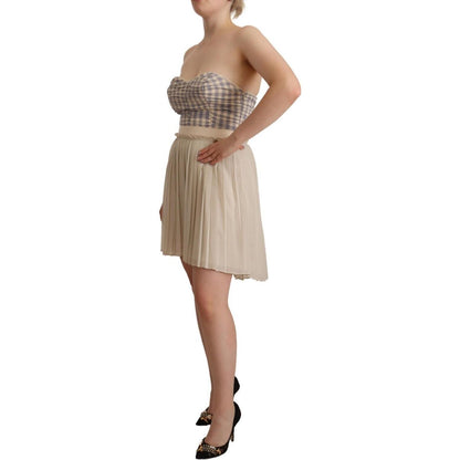 Guess Beige Checkered Pleated A-line Strapless Bustier Dress WOMAN DRESSES