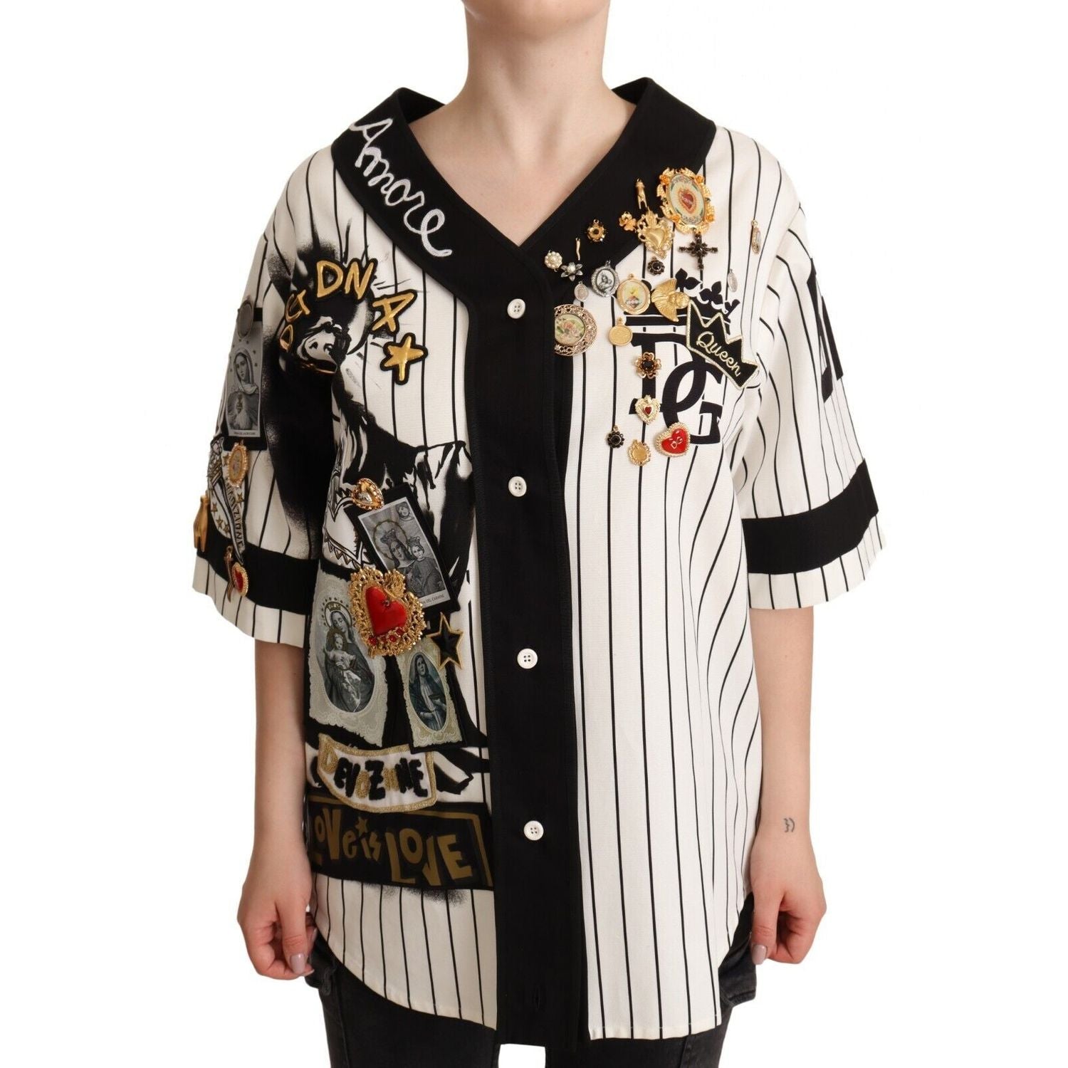 Dolce & Gabbana White Cotton Crystal Charms Amore Shirt