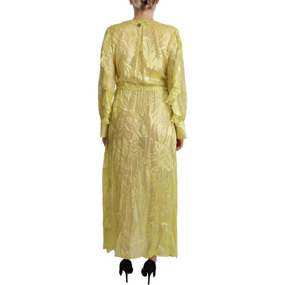 Patrizia Pepe Yellow Silk Long Sleeves Plunging Maxi Dress WOMAN DRESSES