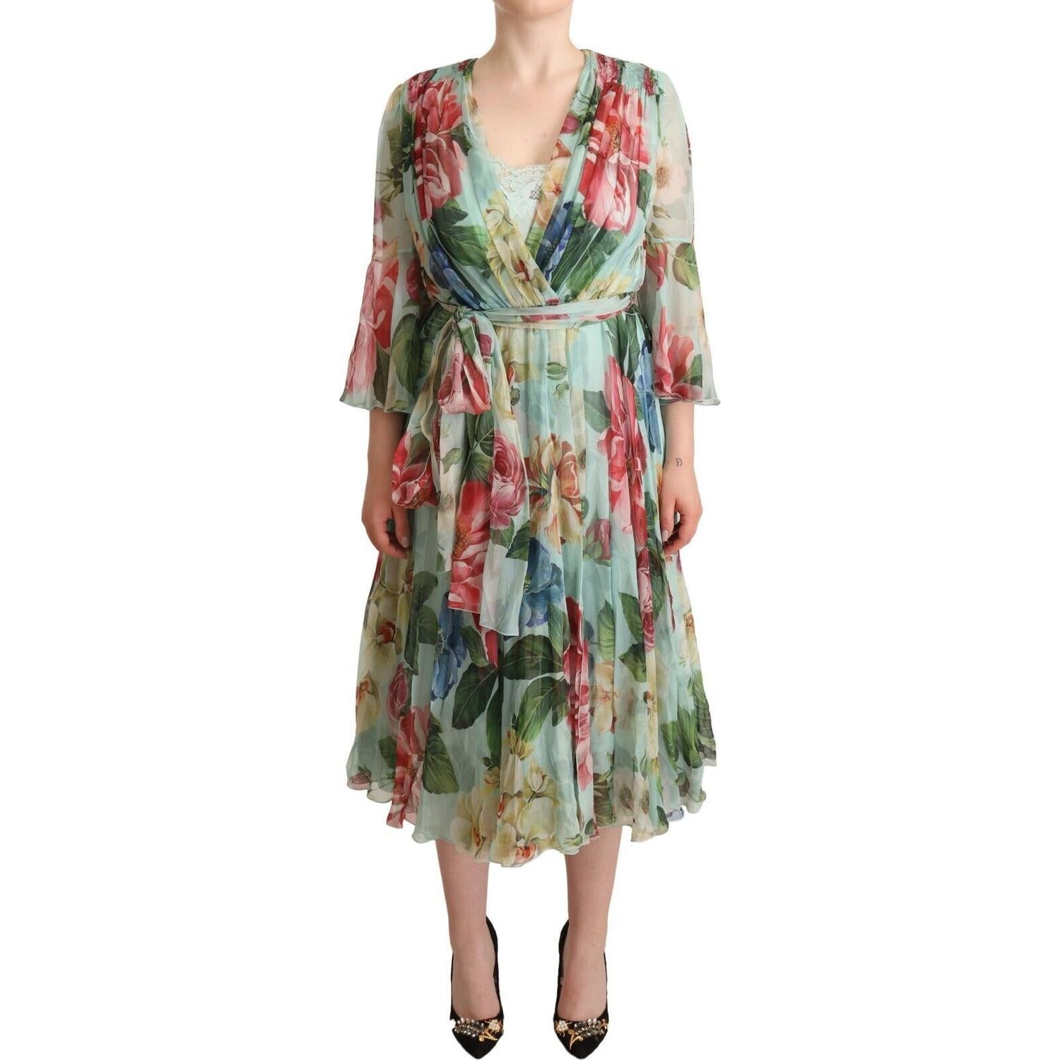 Dolce & Gabbana Green Floral Long Sleeves V-neck Midi Dress