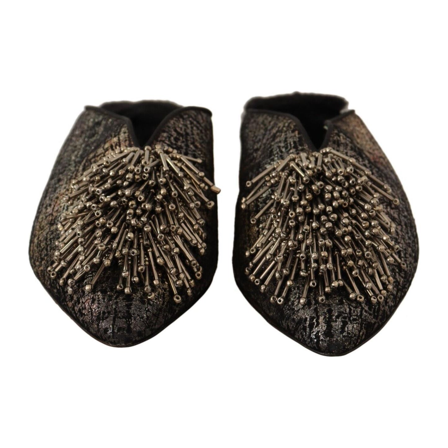 Paola D'Arcano Gold Jacquard Leather Embellished Slip On Shoes