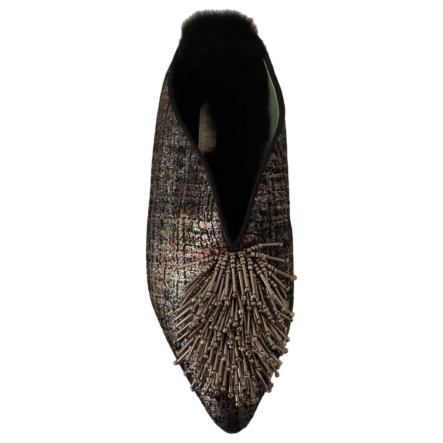 Paola D'Arcano Gold Jacquard Leather Embellished Slip On Shoes
