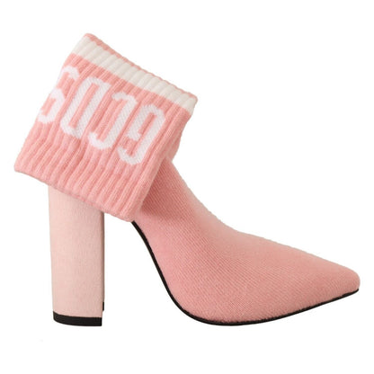GCDS Pink Suede Logo Socks Block Heel Ankle Boots Shoes