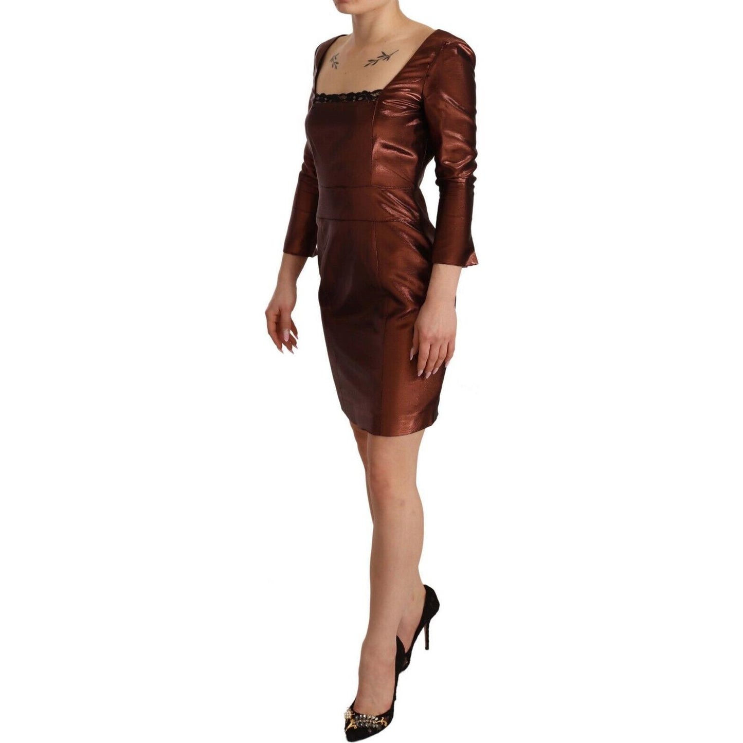 GF Ferre Metallic Brown Long Sleeves Square Neck Sheath Dress