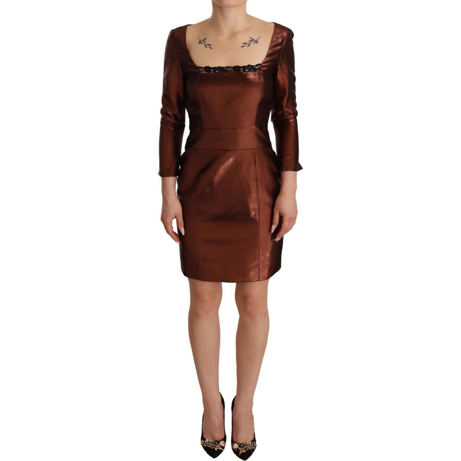GF Ferre Metallic Brown Long Sleeves Square Neck Sheath Dress