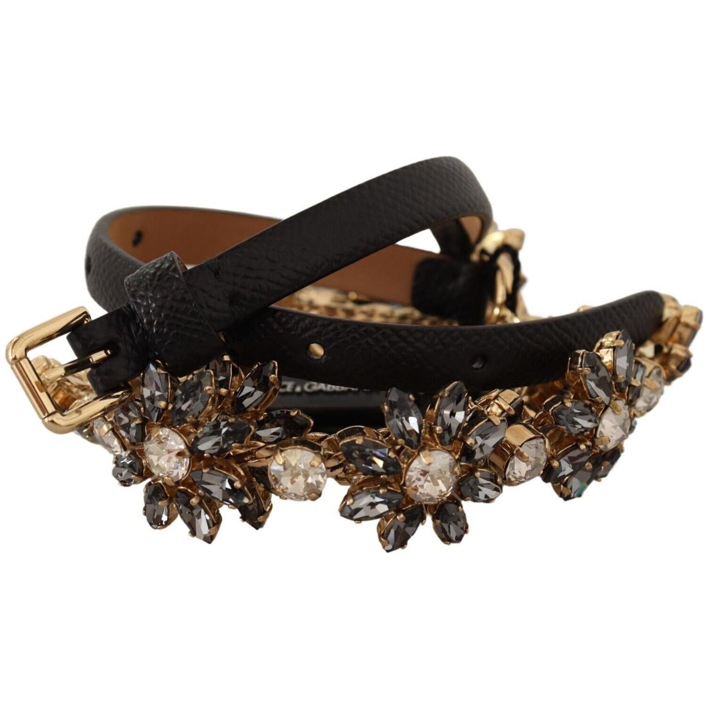 Dolce & Gabbana Black Daisy Crystal Dauphine Texture Belt WOMAN BELTS