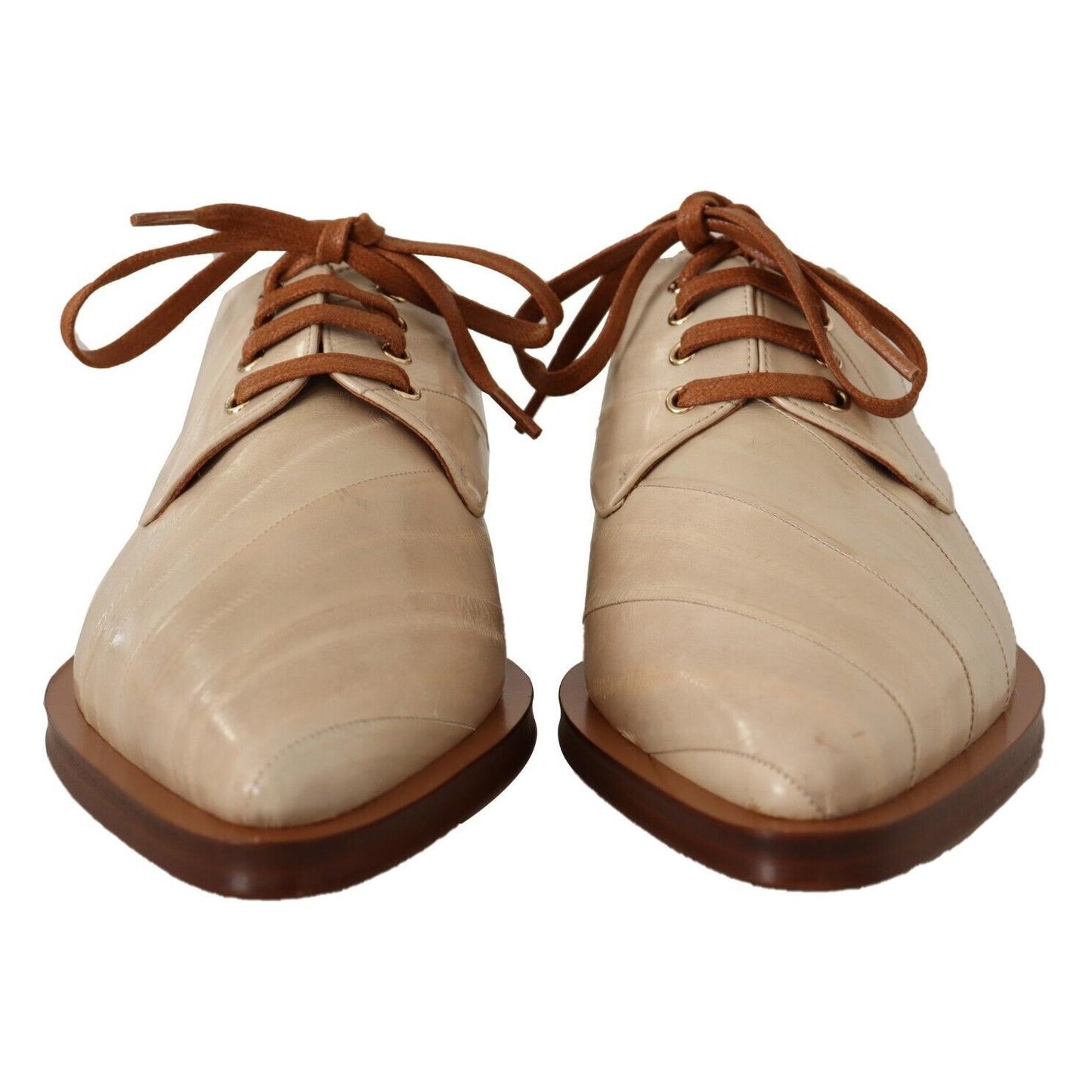 Dolce & Gabbana White Eel Leather Lace Up Formal Flats Shoes